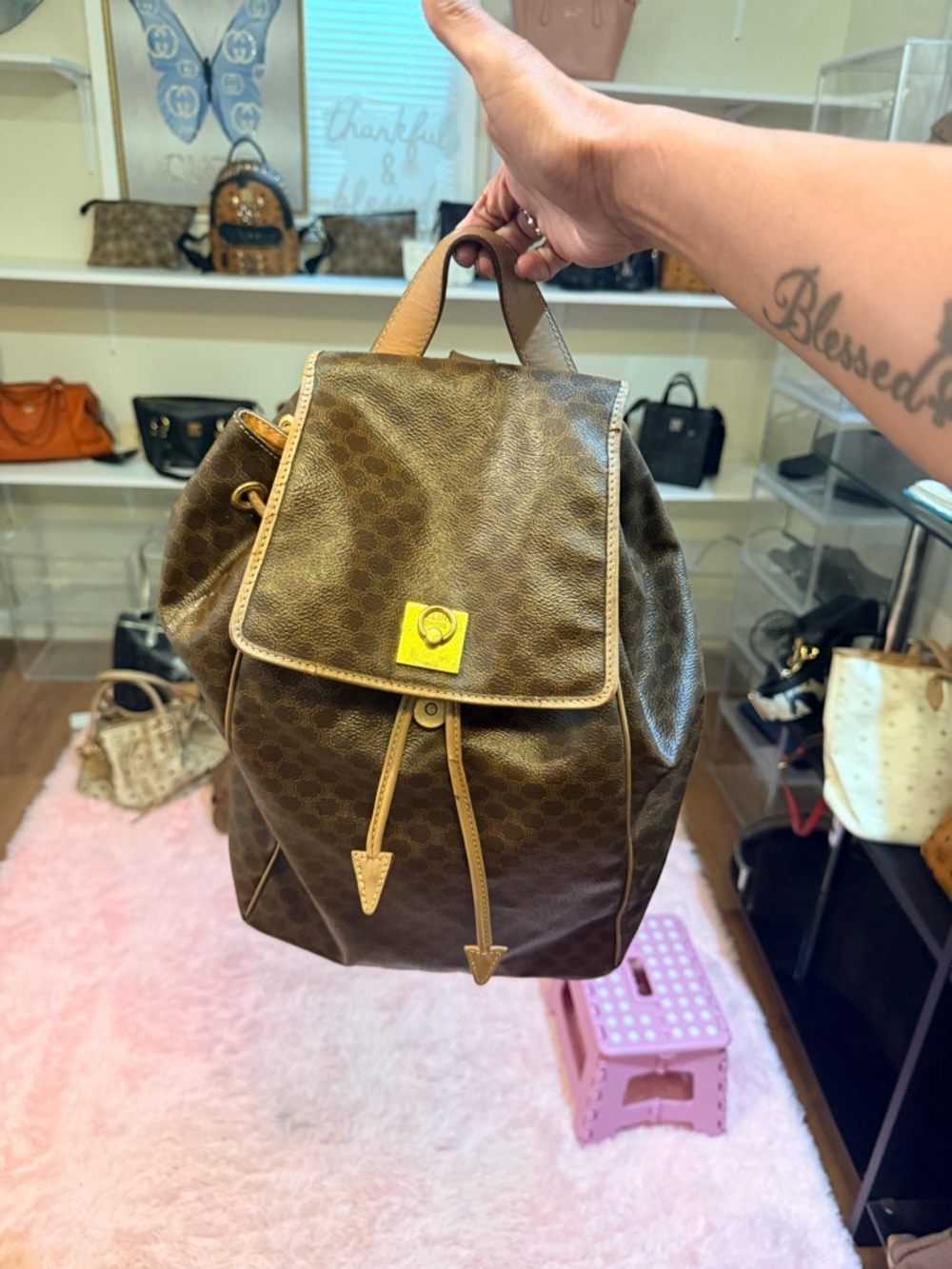 Celine Brown Monogram Drawstring Backpack with Tan Trim